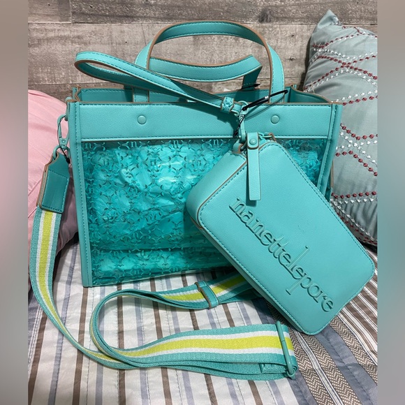 NEW nanette lepore Arianna clear logo satchel with solid wristlet Teal SALE - Picture 2 of 9
